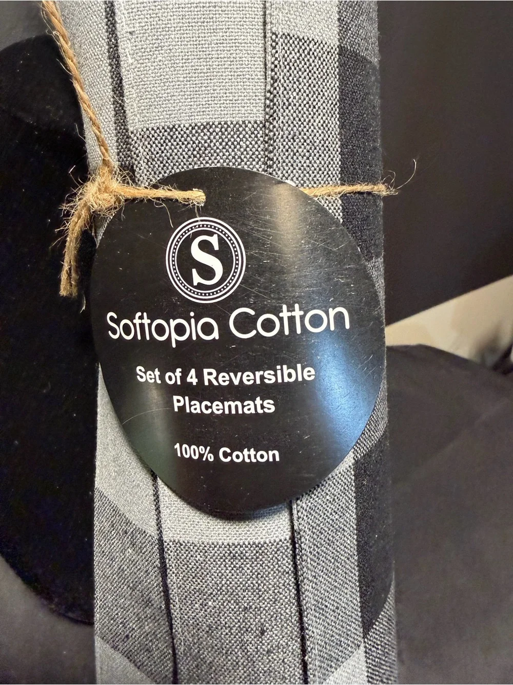 Softopia Cotton Black & Gray Check Placemat Set of 4. NEW